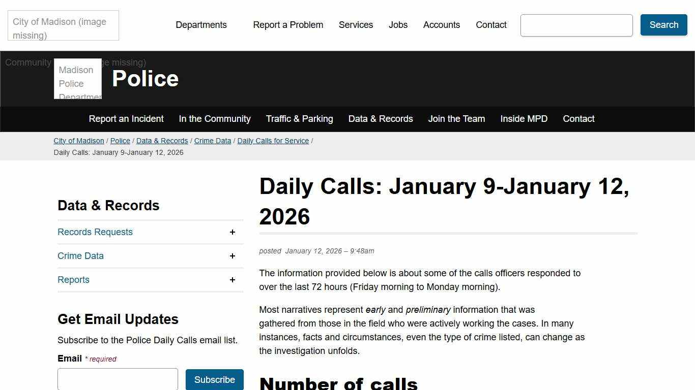 Daily Calls: January 9-January 12, 2026 Police City of Madison, WI